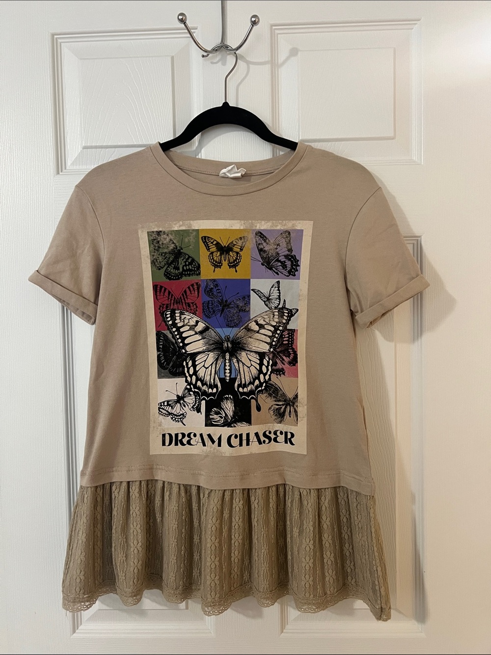 Self Esteem Beige Butterfly Graphic Tee Dress or Tunic with Lace Hem